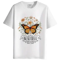 Beautiful Butterfly and Flowers Round Neck Half Sleeves Printed T-Shirt