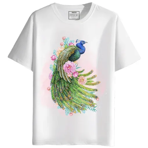 Peacock with Flowers round neck half sleeves graphic Printed T-Shirt