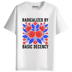 RUKZO Radicalized by Basic Decency Round Neck Half Sleeve Printed T-Shirt for men and women in white