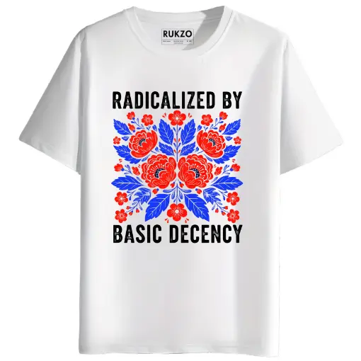 RUKZO Radicalized by Basic Decency Round Neck Half Sleeve Printed T-Shirt for men and women in white