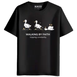 RUKZO Walking by Faith Tripping Constantly Graphic Printed Unisex T-Shirt for men and women in black