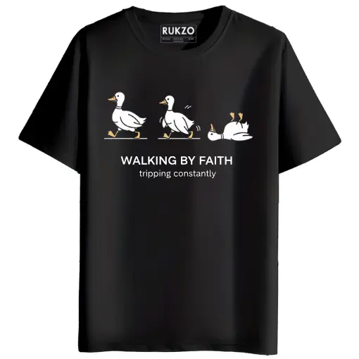 RUKZO Walking by Faith Tripping Constantly Graphic Printed Unisex T-Shirt for men and women in black
