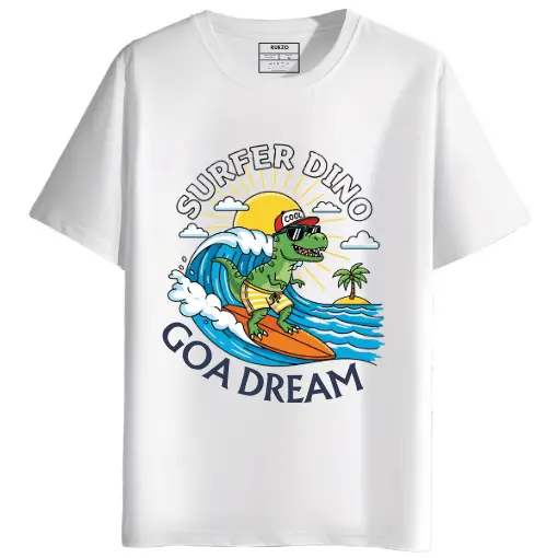 Surfer Dinosaur Goa Dream round neck half sleeves graphic printed T-Shirt