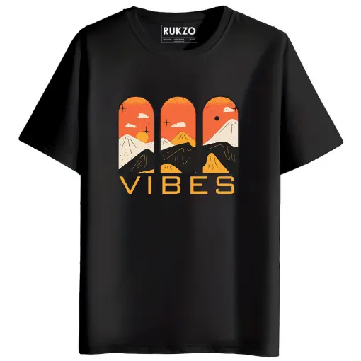 RUKZO Good Vibes Mountain Sunset Graphic T-Shirt - Black