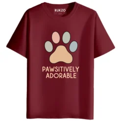 RUKZO Cute Paw Graphic Printed T-Shirt - Maroon