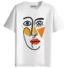 RUKZO Abstract Face Line Art Graphic Printed Unisex T-Shirt for men and women in white