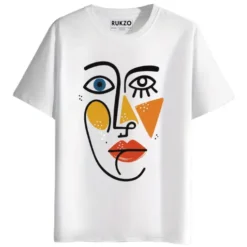 RUKZO Abstract Face Line Art Graphic Printed Unisex T-Shirt for men and women in white