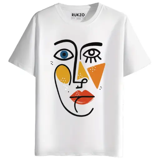 RUKZO Abstract Face Line Art Graphic Printed Unisex T-Shirt for men and women in white