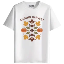 RUKZO Autumn Harvest Folk Art Graphic Printed T-Shirt for men and women in white