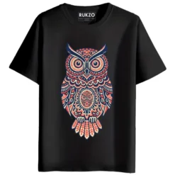 RUKZO Intricate Folk Art Owl Graphic Printed Unisex T-Shirt for men and women in black