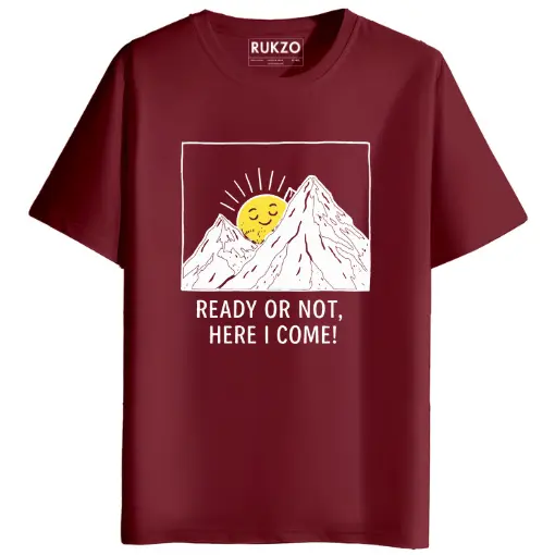 RUKZO Ready or Not Here I Come Sun Graphic Printed Unisex T-Shirt for men and women - maroon