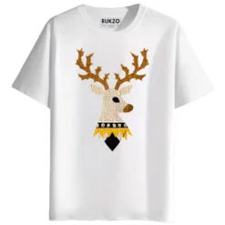 RUKZO Reindeer Knitted Style Graphic Printed Unisex T-Shirt for men and women in white