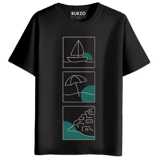RUKZO Seaside Graphic Printed Unisex T-Shirt black