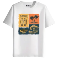 RUKZO The Surf Crew Retro Beach Lifestyle Graphic Printed Unisex T-Shirt for men and women in white