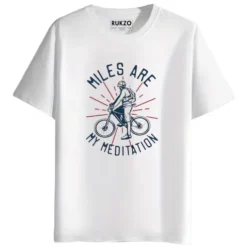 RUKZO Miles Are My Meditation Graphic Printed Unisex T-Shirt for men and women in white